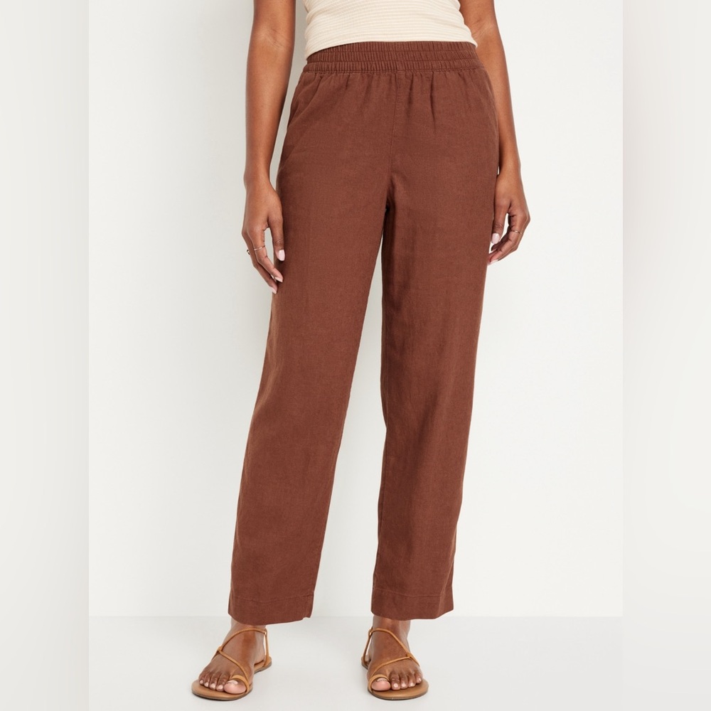 High-Waisted Linen-Blend Straight Pants